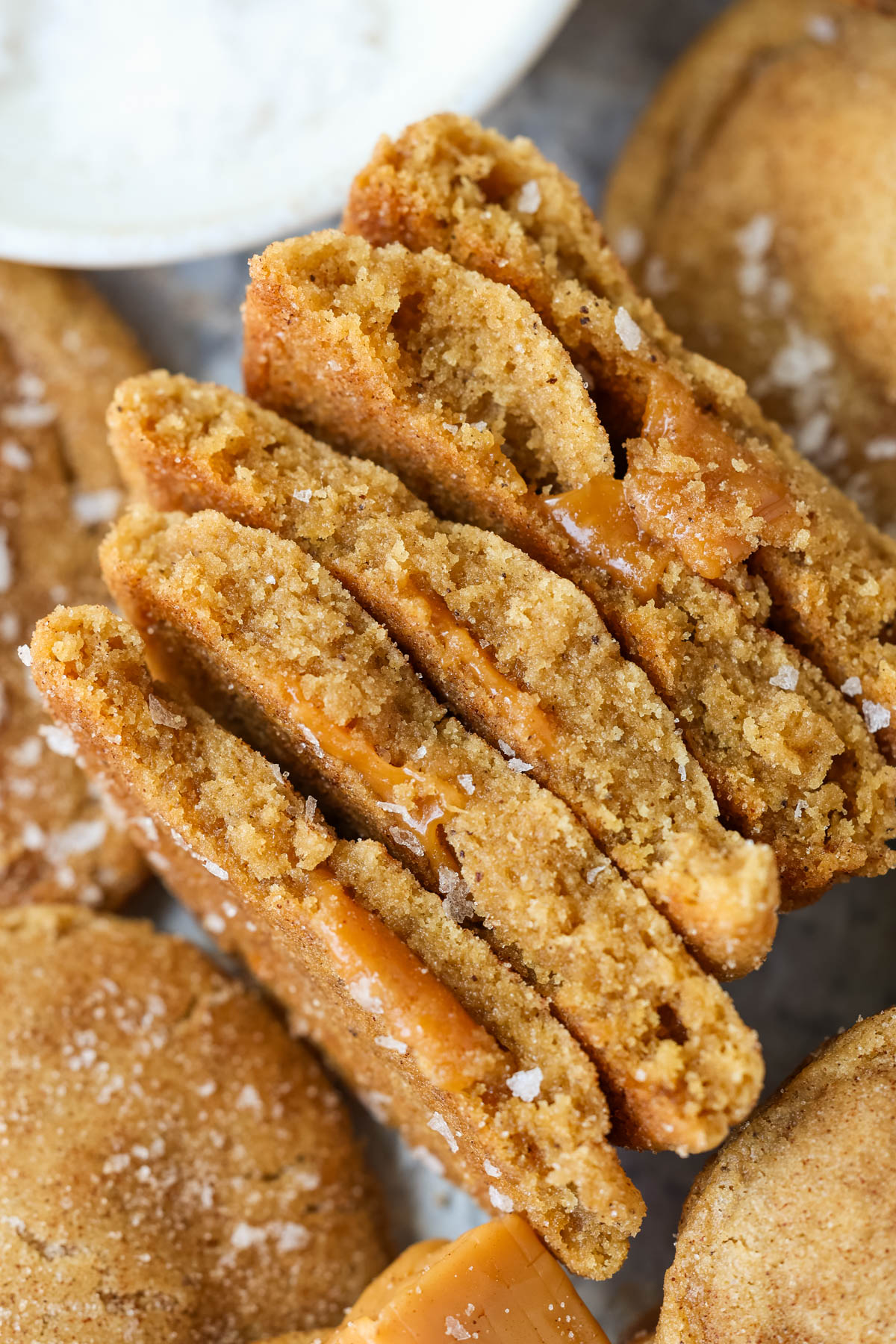 up close image of cookies stuffed with caramel. 