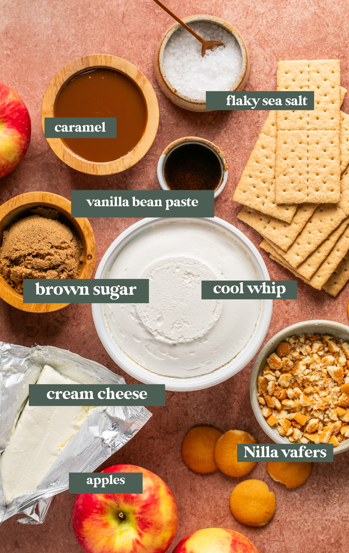 ingredients needed to make caramel apple cheesecake dip in bowls. 