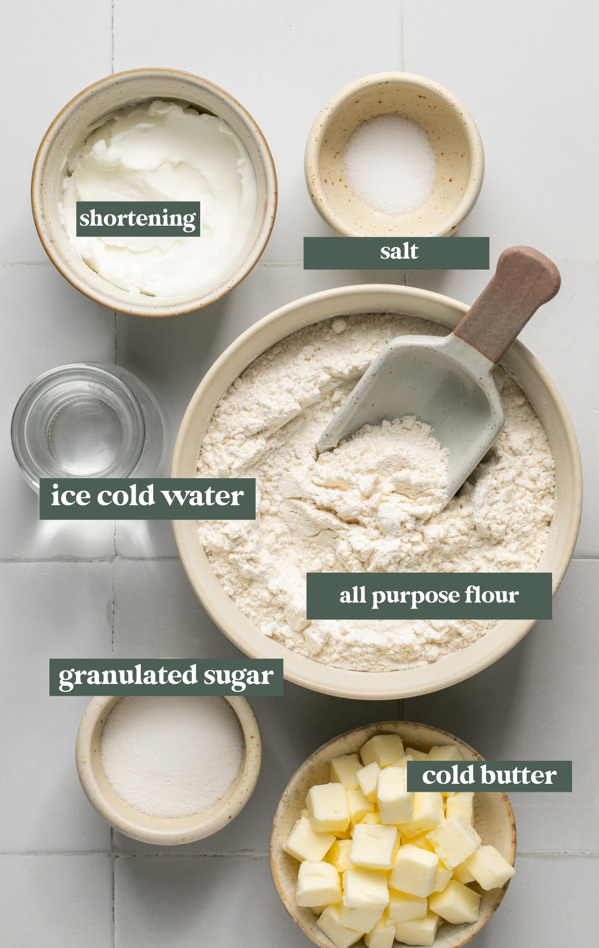 ingredients needed to make a homemade pie crust. 