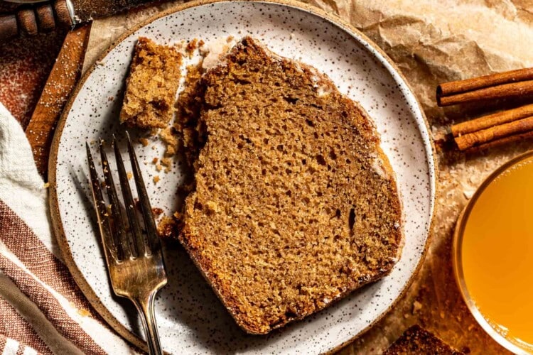 apple cider donut bread slice on plate with fork