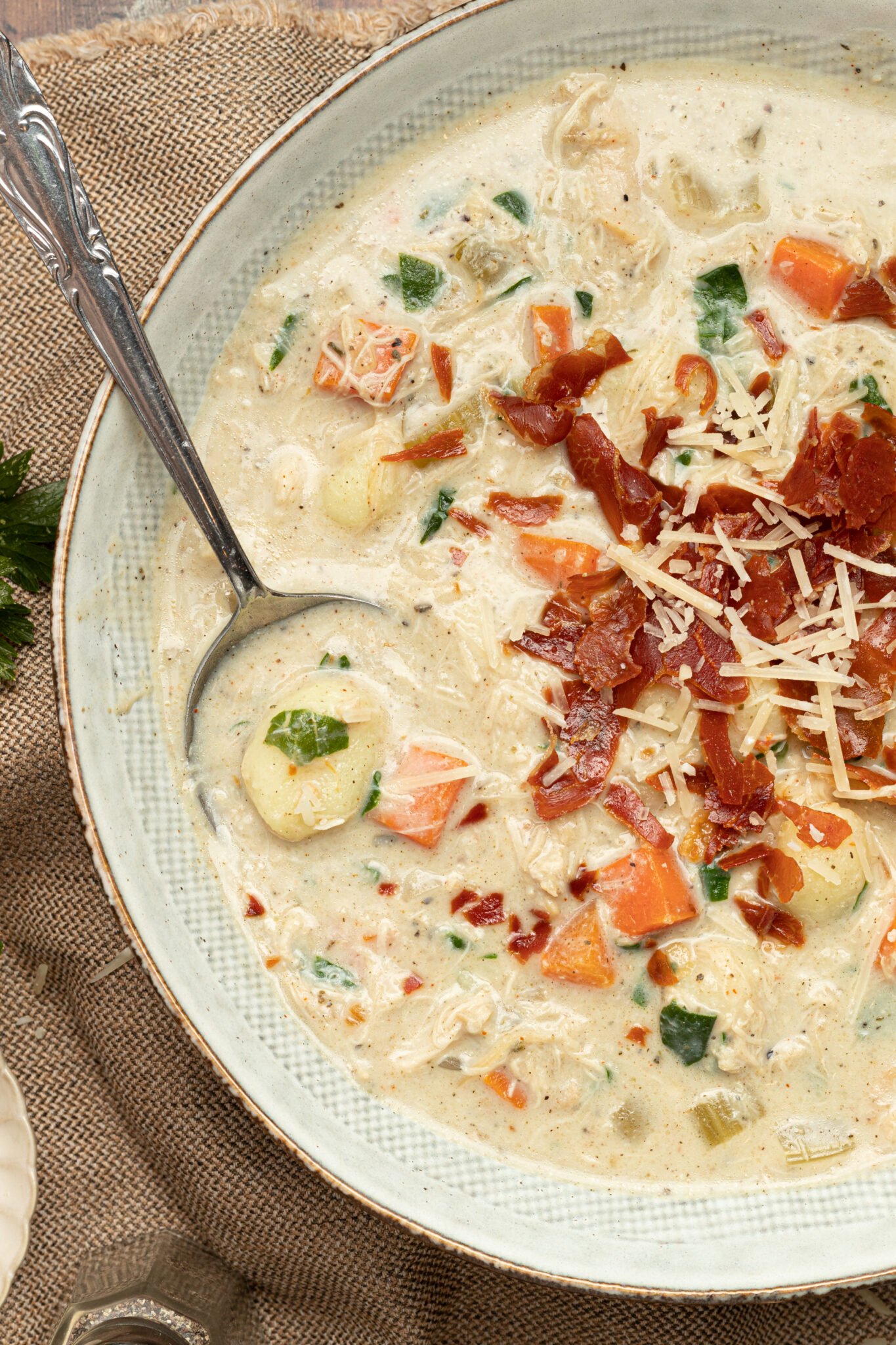 an up close image of chicken gnocchi soup.