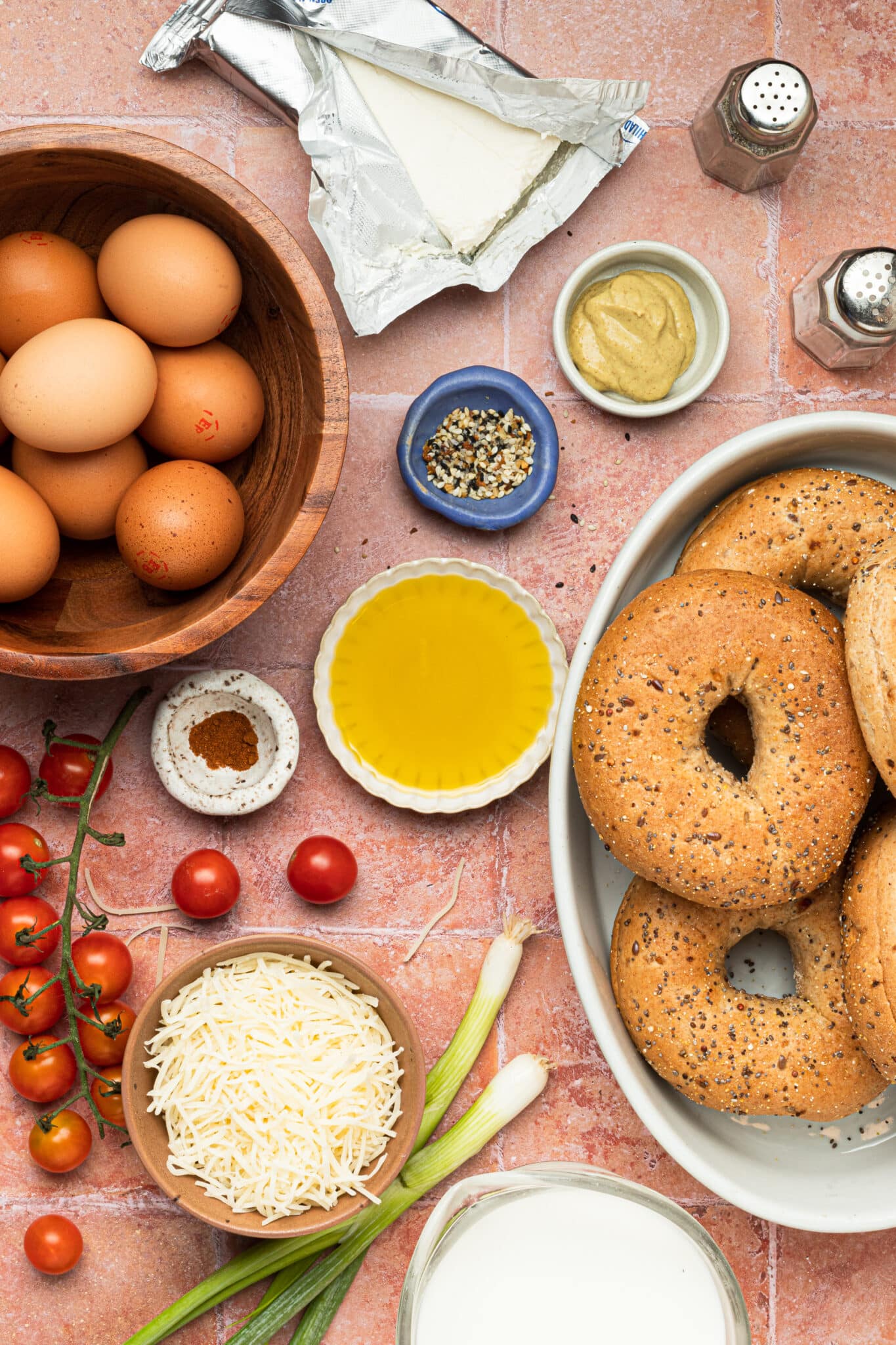 ingredients needed to make a bagel casserole. 