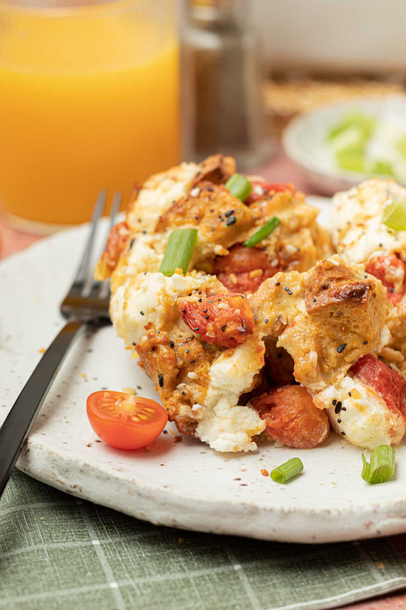 breakfast casserole on a white plate.