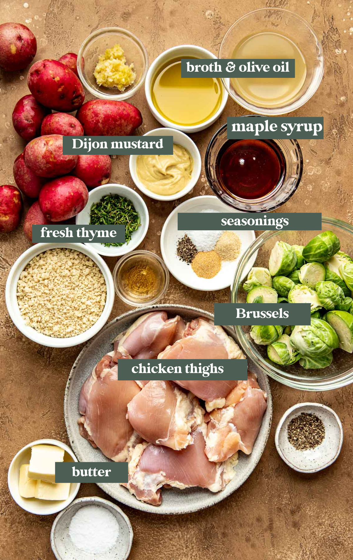 ingredients in small dishes needed to make sheet pan chicken. 