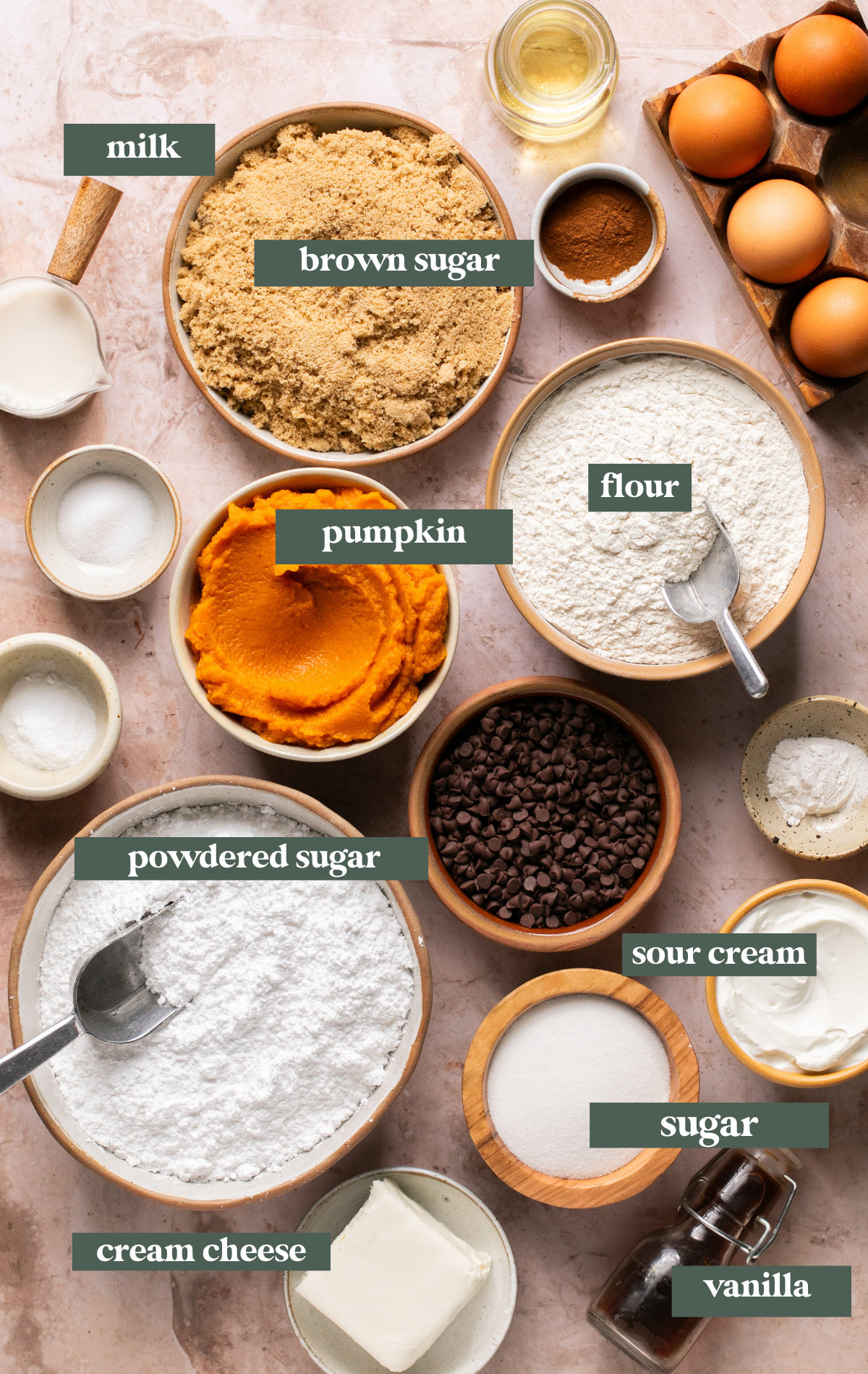 ingredients to make bundt cake in small glass dishes. 