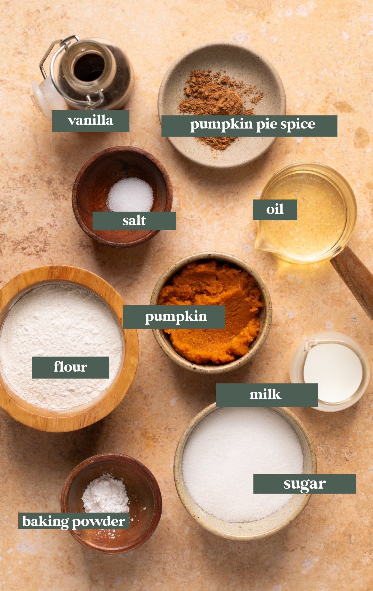 ingredients to make mug cake in small glass dishes. 