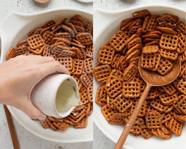 side by side images. left side shows a hand pouring a cup of oil over a white bowl with square pretzels. right side shows a wooden spoon mixing the square pretzels in the white bowl