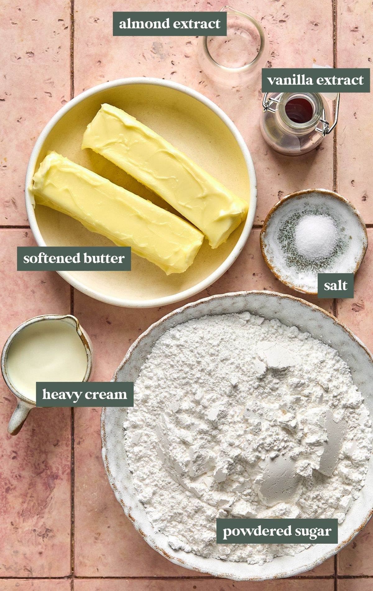 bowls with butter, heavy cream, powdered sugar, salt, almond extract, and vanilla extract plus text labels on each