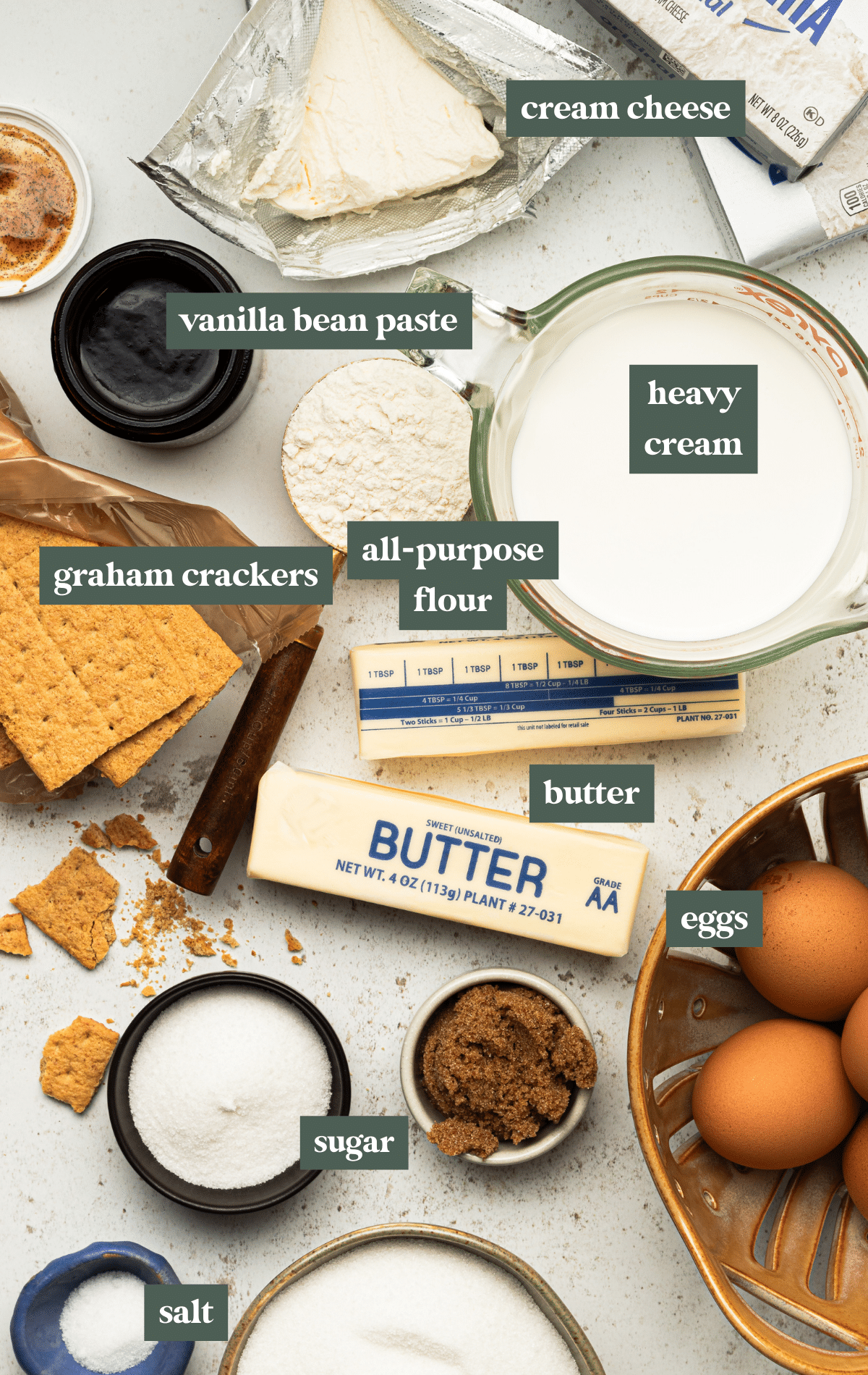 ingredients needed to make basque cheesecake bars. 