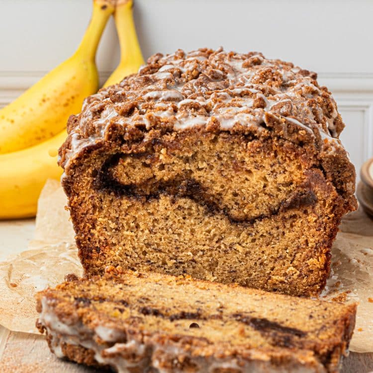 loaf of cinnamon banana bread with end slice cut off