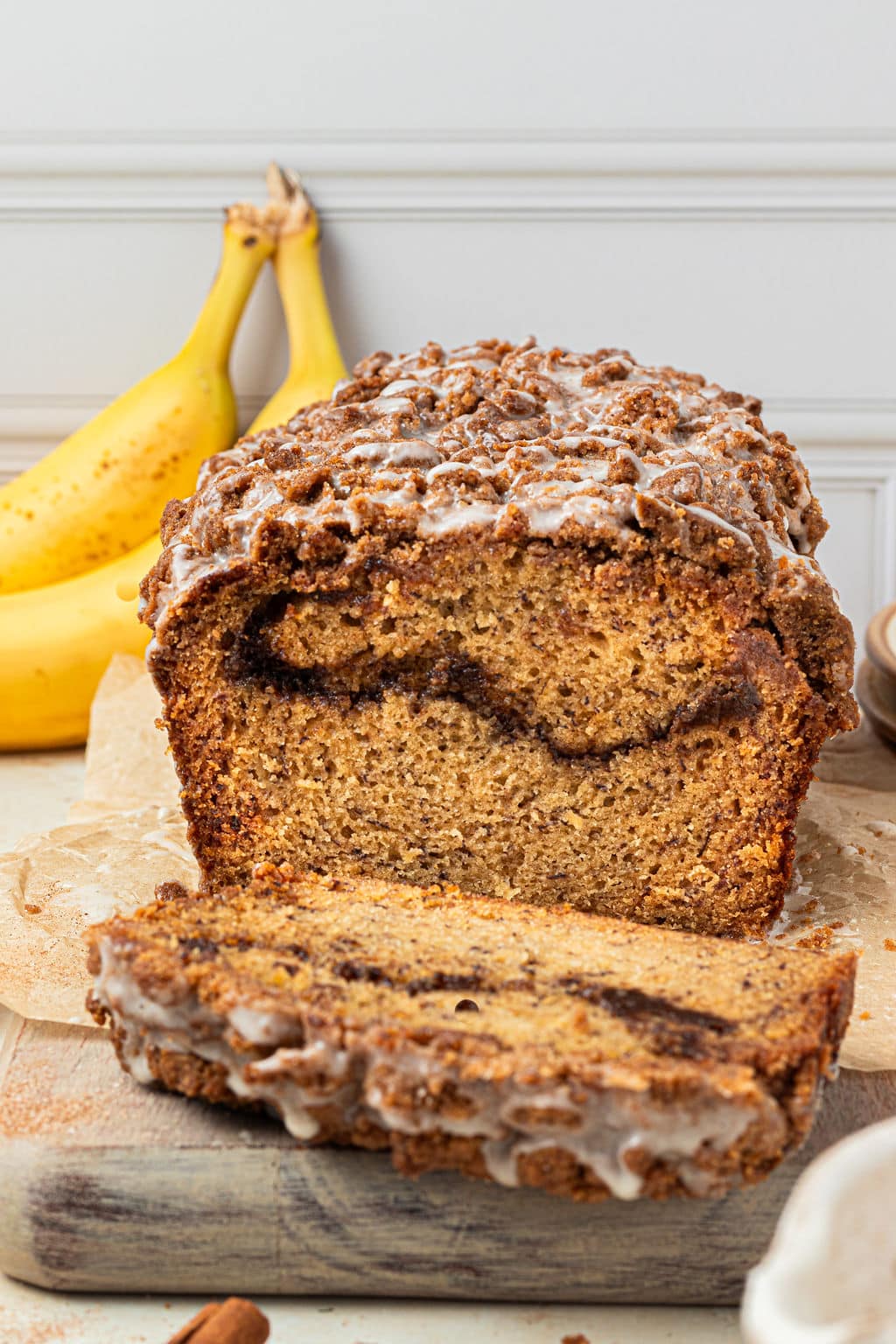 loaf of cinnamon banana bread with end slice cut off