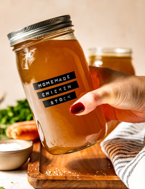 homemade chicken stock in mason jar