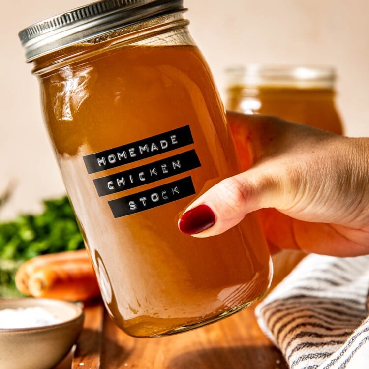 homemade chicken stock in mason jar