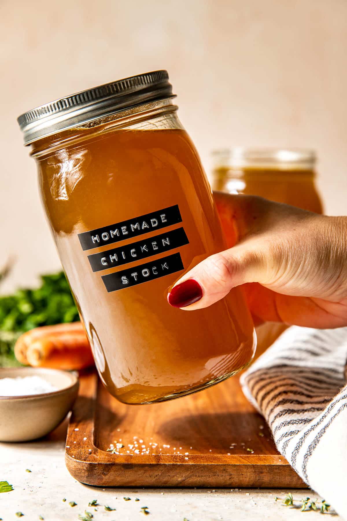 homemade chicken stock in mason jar