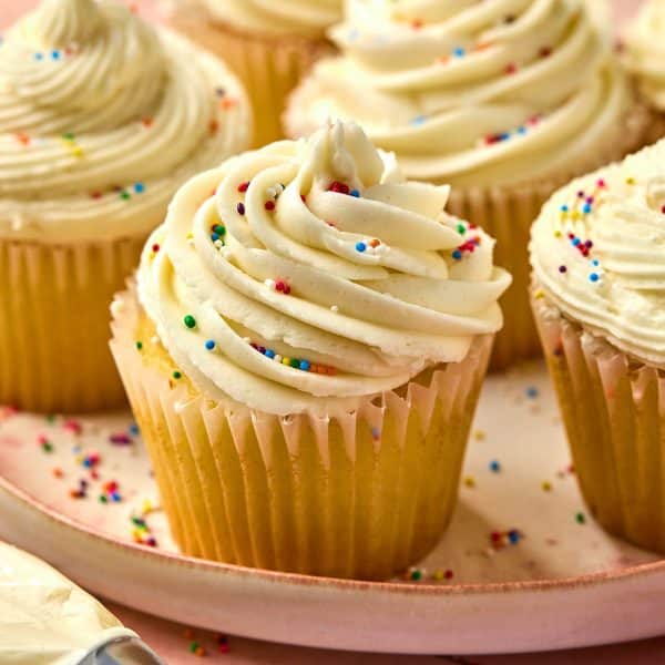 vanilla cupcakes topped with vanilla frosting and multi colored sprinkles