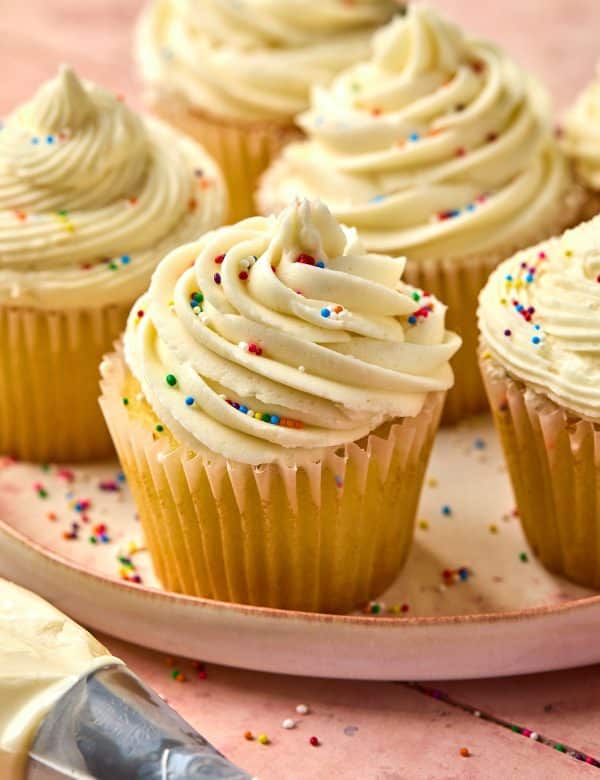 vanilla cupcakes topped with vanilla frosting and multi colored sprinkles