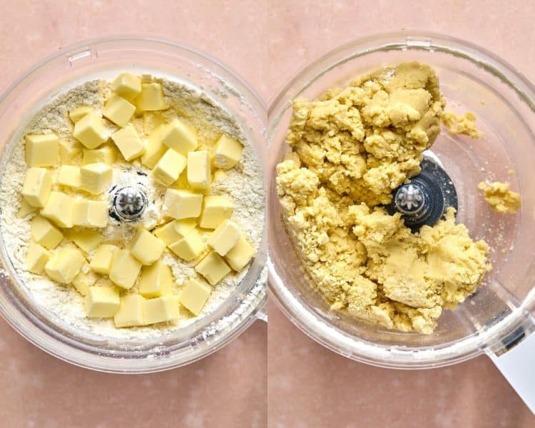 side by side photos of clear food processor bowls. left side has small butter cubes on top of dry ingredients. right side has ingredients mixed making cookie dough