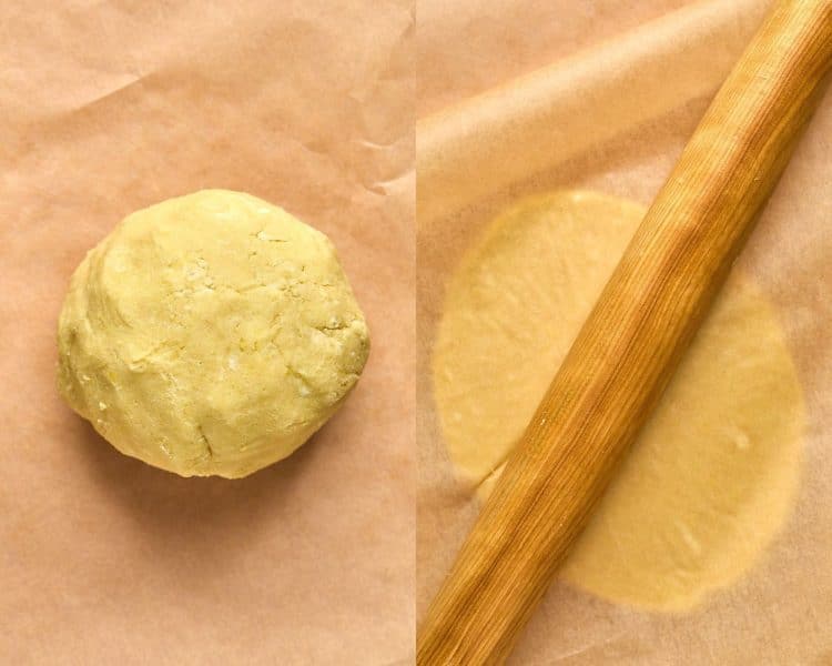 side by side images. left side cookie dough formed in a ball. right side has the dough under a piece of parchment paper and rolling pin