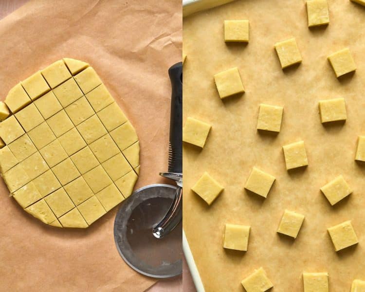 side by side photo. left side has rolled out dough with criss cross cuts. right side has small squares of dough on parchment paper