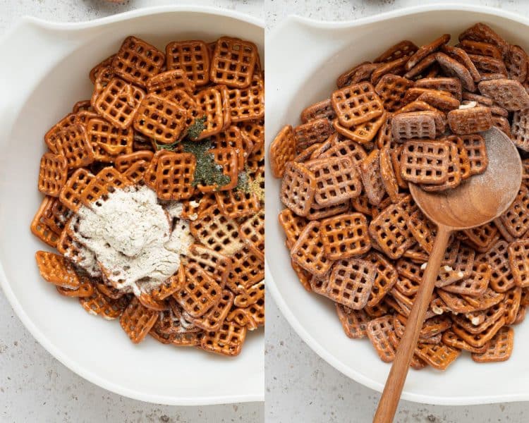 side by side images. Left side is a white bowl with square shaped, checkerboard pretzels with dry seasonings on top. right side has those ingredients mixed and shows a wooden spoon