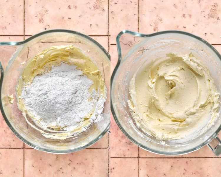 two glass mixing bowls side to side. left hand side has butter mixture topped with powdered sugar. right hand side has these ingredients mixed