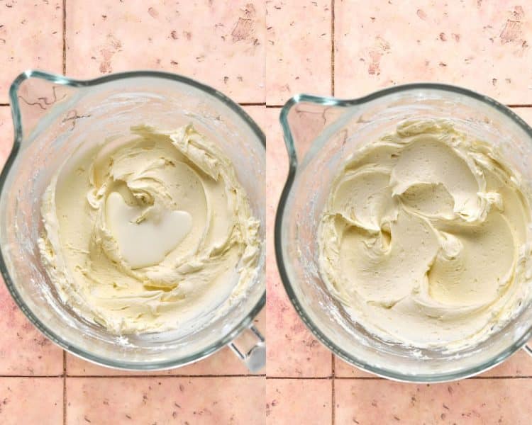 two glass mixing bowls side to side. left hand side has butter and powdered sugar mixture topped with splash of heavy cream. right hand side has these ingredients mixed