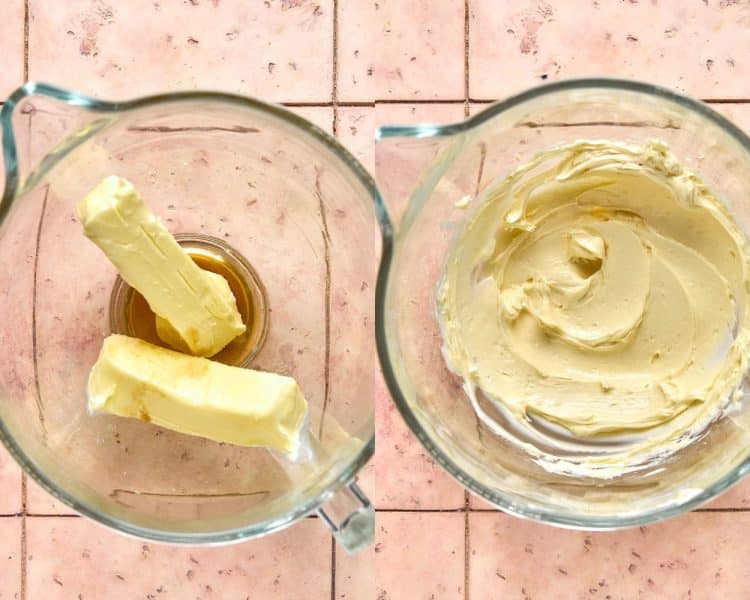 two glass mixing bowls side to side. left hand side has two sticks of butter and vanilla extract. right hand side has these ingredients mixed