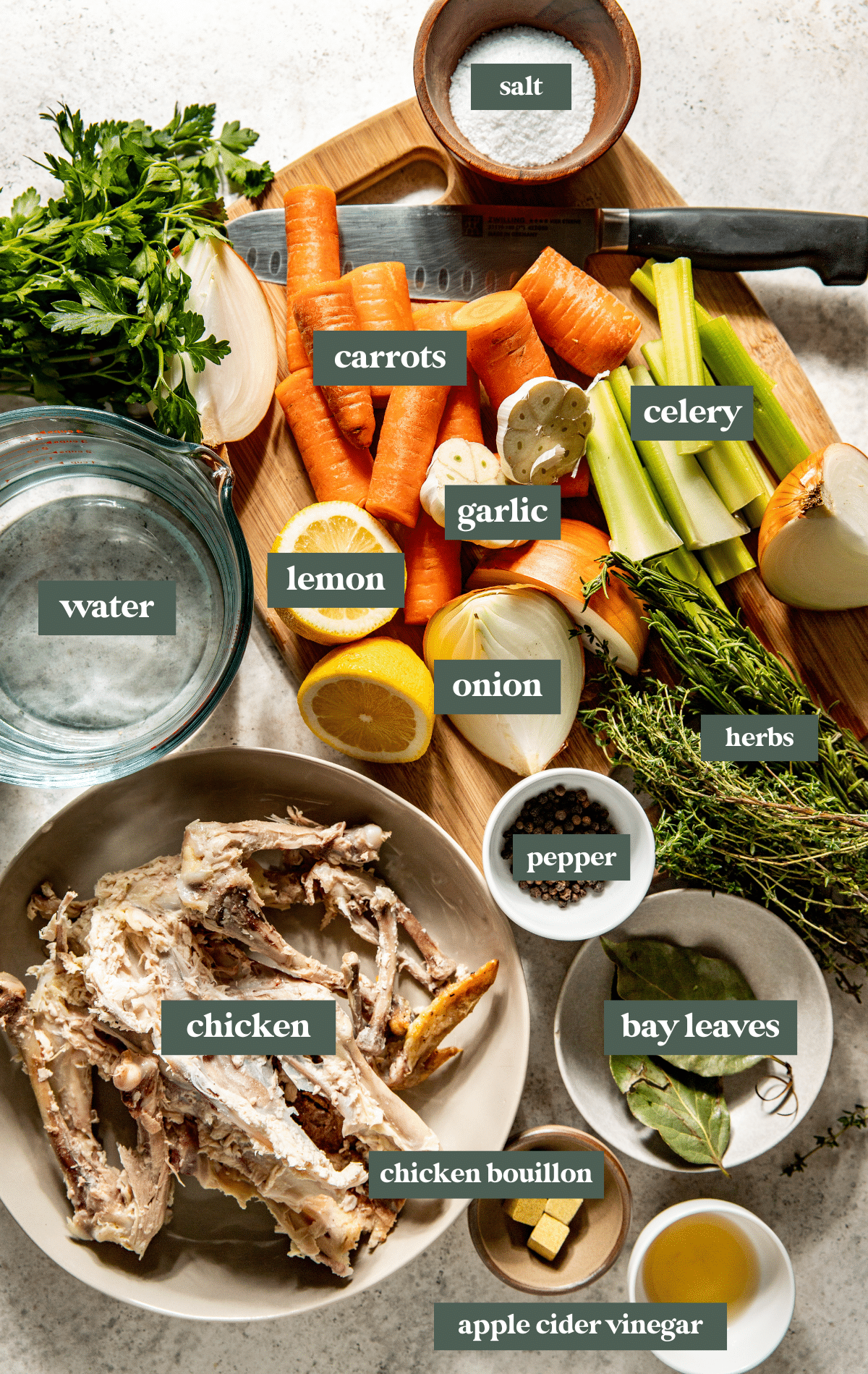 labeled ingredients for homemade chicken stock