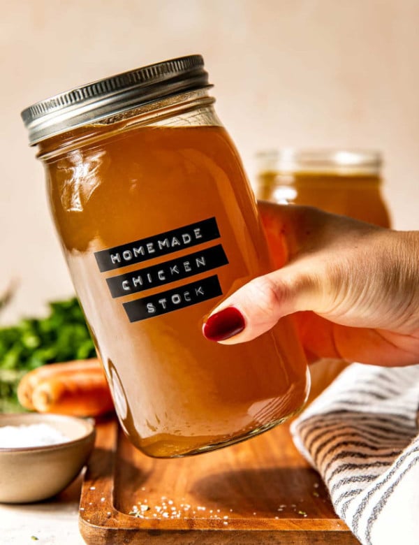 homemade chicken stock in mason jar