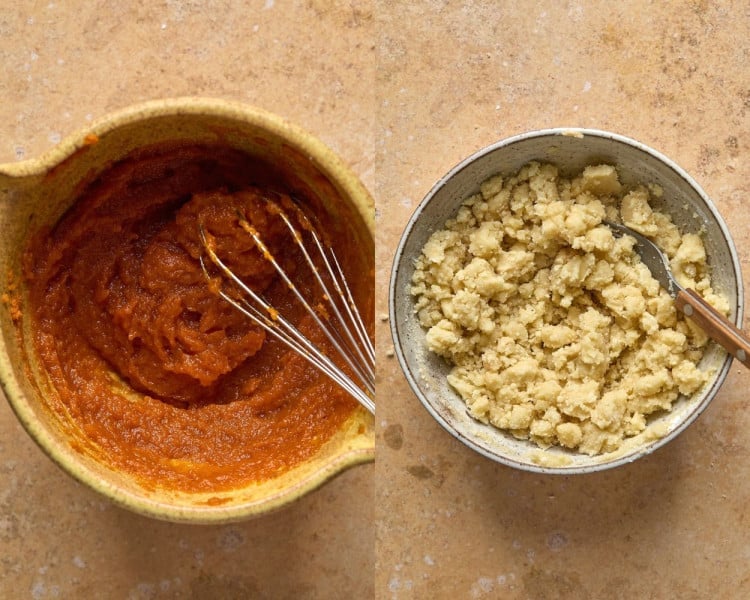 step by step of mixing pumpkin topping with a whisk and streusel topping with a spoon