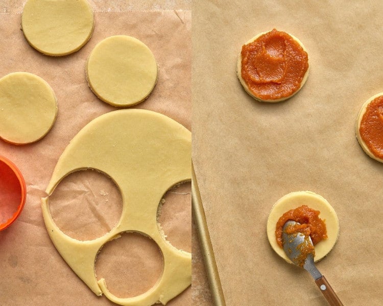 step by step of cutting cookies and spreading pumpkin topping on cookies