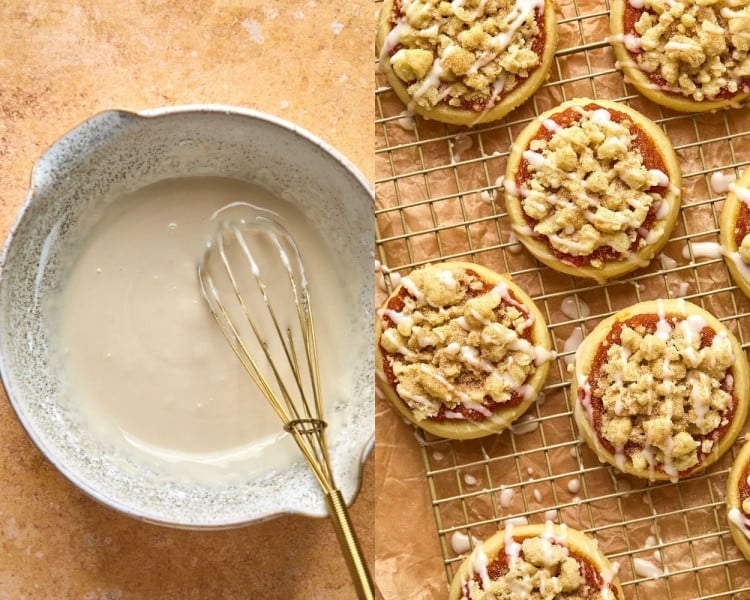 step by step of mixing glaze then dripping over cookies