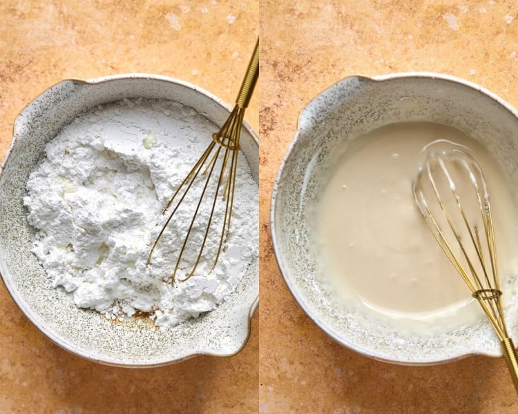 bowl on left has powdered sugar and whisk, bowl on right has mixed glaze with whisk