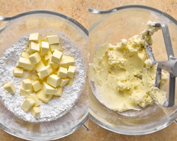 bowls side by side one with sugar topped with chunks of butter, the other with the ingredients mixed with a stand mixer