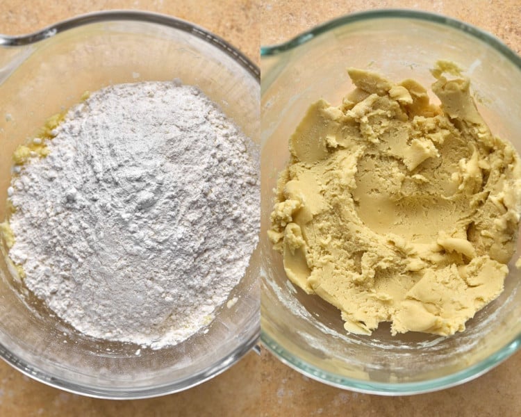 bowl on left has dry ingredients on top of wet dough, bowl on right has ingredients mixed