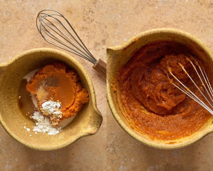 bowl on left has pumpkin puree plus baking powder and spices, bowl on right has ingredients mixed with a whisk