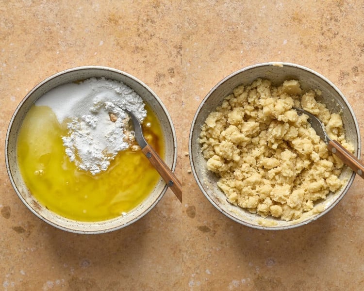 bowl on left has melted butter and sugar, bowl on the left has ingredients mixed to form crumbs