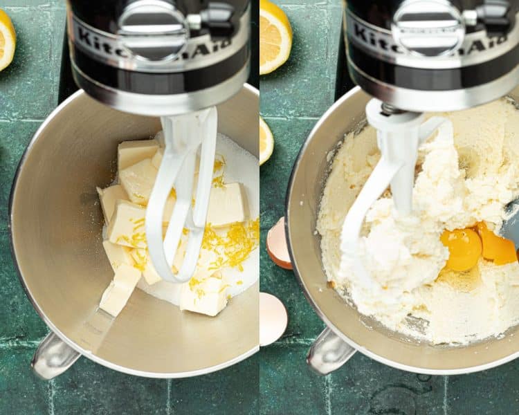 two mixing bowls - one featuring chunks of butter and lemon zest, the other featuring cookie dough and eggs added to mix in