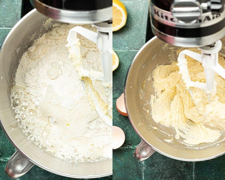 side by side of two stand mixers - one with lemon interacting with baking soda creating bubbles, the other with mixed cookie dough