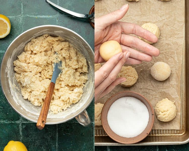 two photos side by side - left side is a mixing bowl with cookie dough, right side shows a pair of hands rolling cookie dough into balls