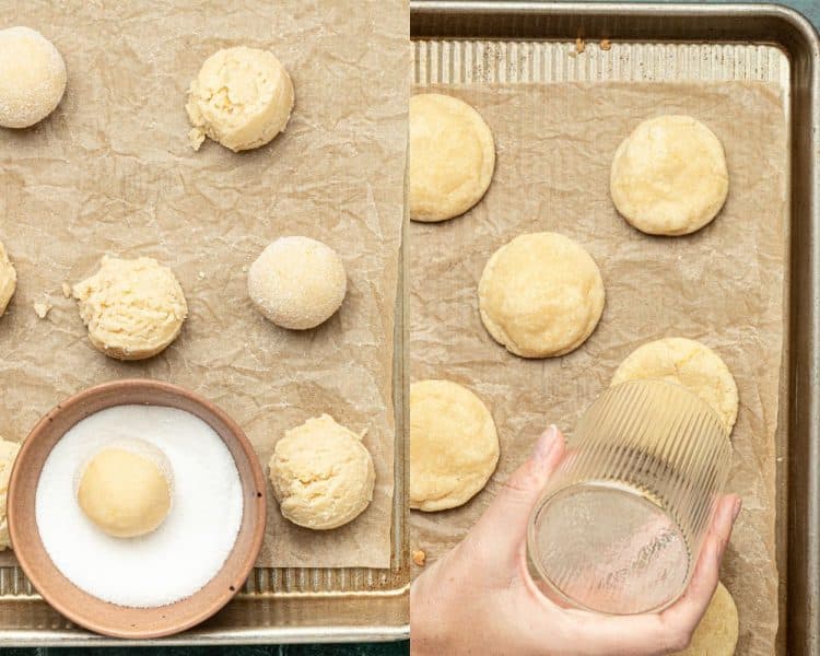 two images side by side - left side has cookie dough balls with one in a bowl of sugar, right side has cookies straight from the oven and features a hand holding a glass over one to help shape the baked cookies