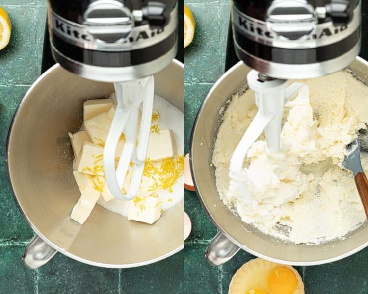 two stand mixers one with butter, sugar, and lemon zest, the other with those ingredients blended together