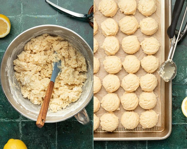 left side is a bowl with cookie dough and a spatula, right side is a cookie sheet with scoops of cookie dough