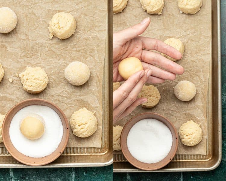 scoops of cookie dough being rolled in sugar