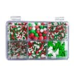 clear box with six compartments filled with red, white, and green holiday sprinkles