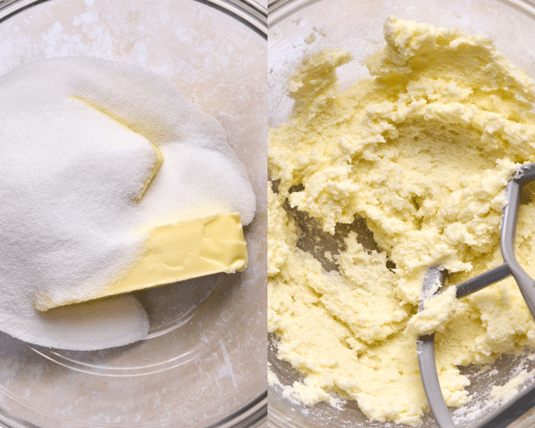 left side bowl with butter and sugar, right side butter and sugar mixed together with paddle mixer