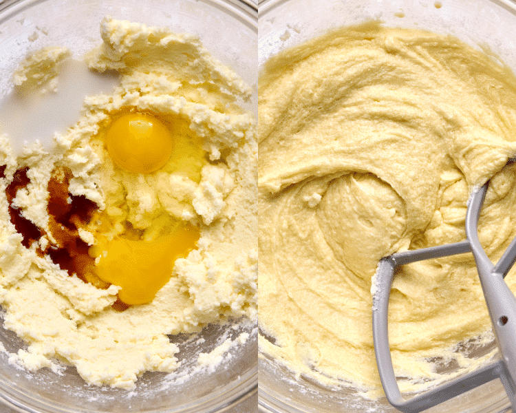 egg and vanilla added to butter and sugar mixture