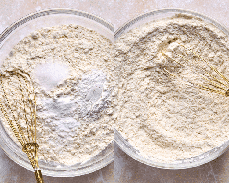 steps of whisking dry ingredients with a whisk