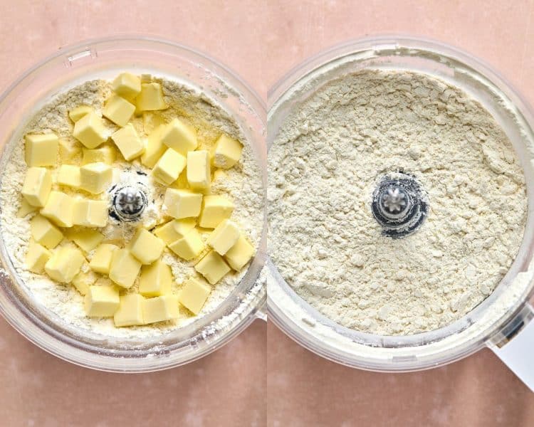 side by side photos of clear food processor bowls. left side has small butter cubes on top of dry ingredients. right side has ingredients mixed