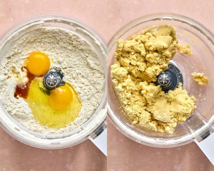 side by side photos of clear food processor bowls. left side has dry ingredients on bottom of bowl with eggs and vanilla extract on top. right hand side shows those ingredients mixed, now looking like cookie dough